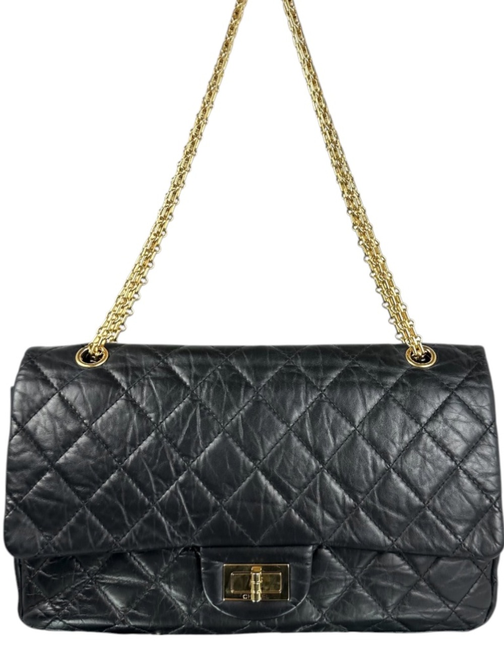 Chanel Re-Issue 2.55 Gold Chain Double Flap Black Calfskin Quilted Leather